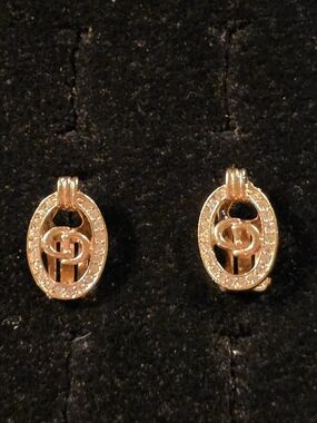 VTG Chr. Dior Germany 22KT Triple Plated Rhinestone CD Logo Clip on Earrings